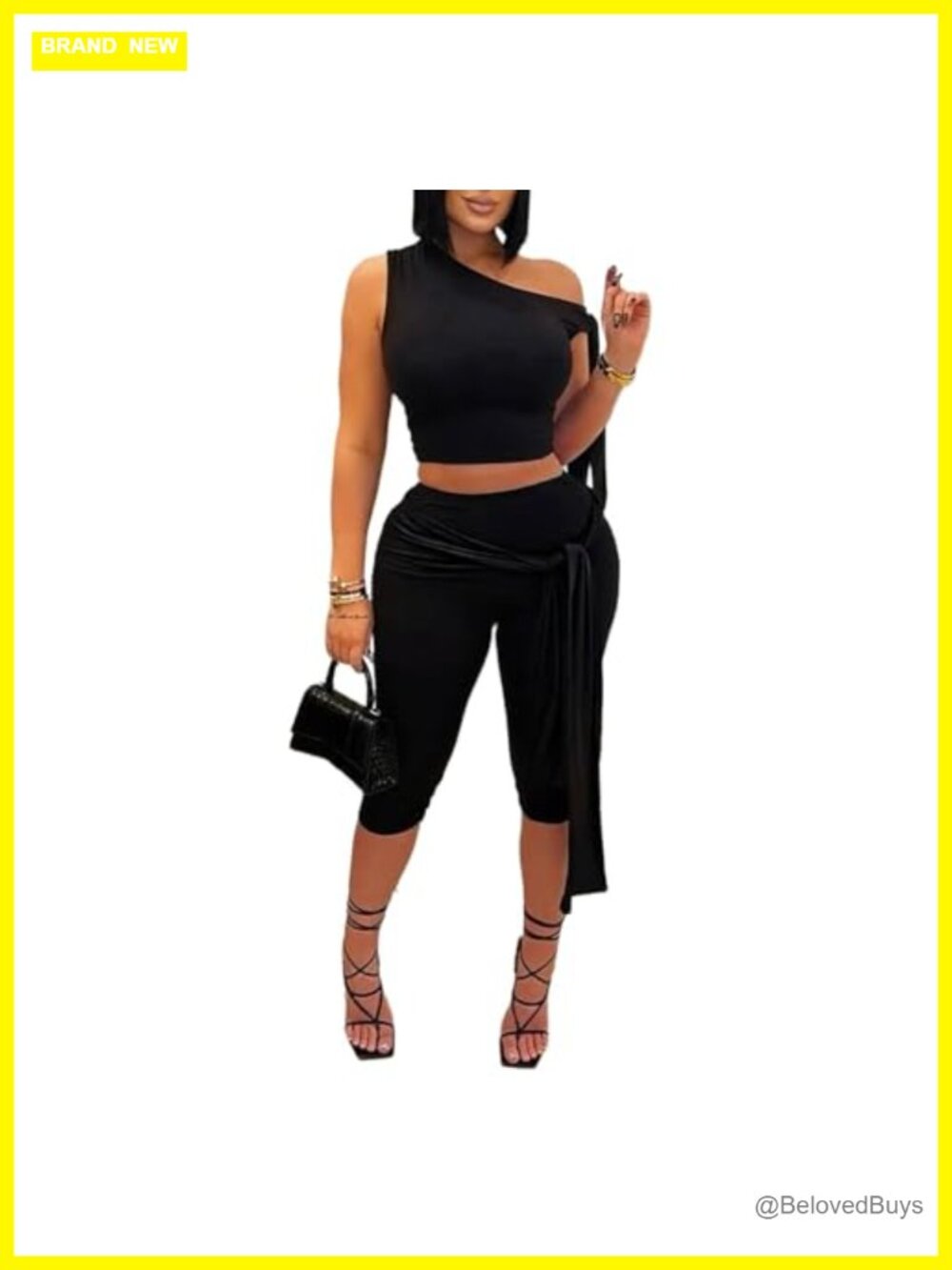 Women 2 Piece Outfit One Shoulder Crop Top Capri Pant Set Polyester